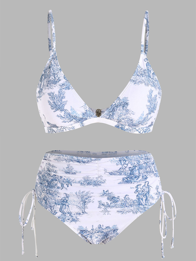 Printed Lace-Up One Piece Swimsuit